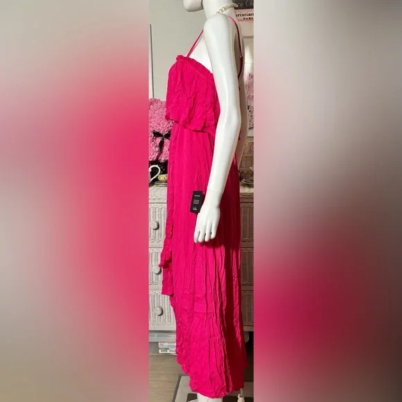 Lulus Maxi Dress High Low Smocked Low Cut Ruffles Layered in Hot Pink Size M NWT - Picture 7 of 11